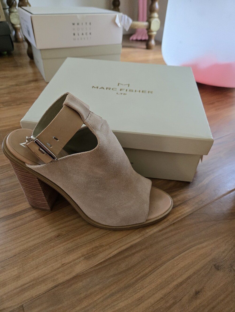 Marc Fisher Taupe Suede Open-Toe Block Heel Sandals